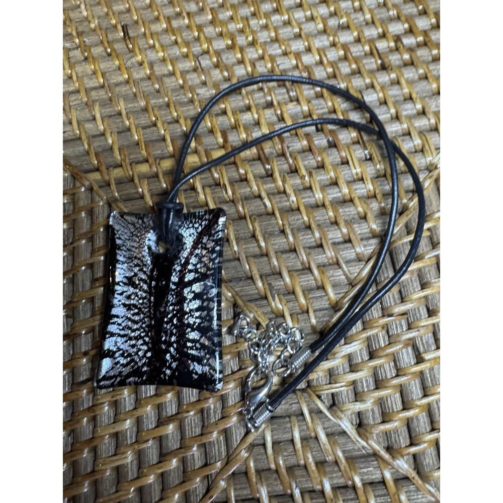Black & Silver Sparkle Glass Rectangle Pendant W/ Leather Necklace